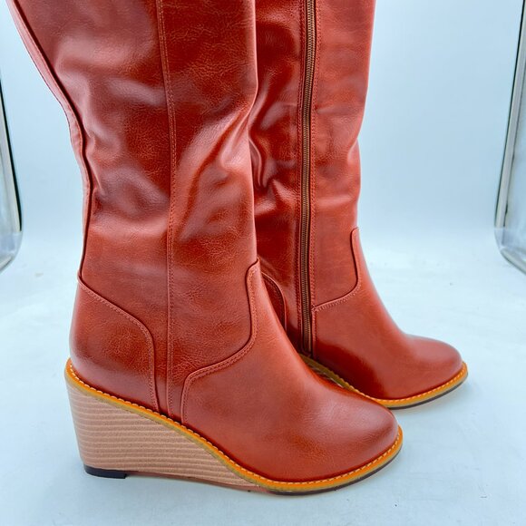 FSJ Brown Comfortable Side Zipper Wedge High Heel Point Toe Fancy Ladies Boot - Picture 4 of 8